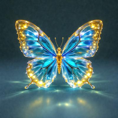The primary subject of the image is a blue butterfly with gold accents. The butterfly is illuminated by a light source, giving it a glowing appearance. The setting is a dark background, which contrasts with the brightly lit butterfly. The visual style of the image is a combination of digital art and illustration, creating a unique and eye-catching design. The colors and mood of the image are predominantly blue and gold, giving it a warm and inviting atmosphere.